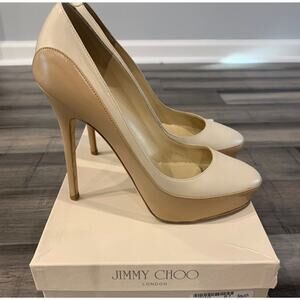 Jimmy Choo Abel Nude Tan White Perf Asphalt Antelope Heels Pumps Stiletto 38.5